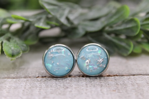 Light Blue Flake | Dome Stud Earrings | Hypoallergenic