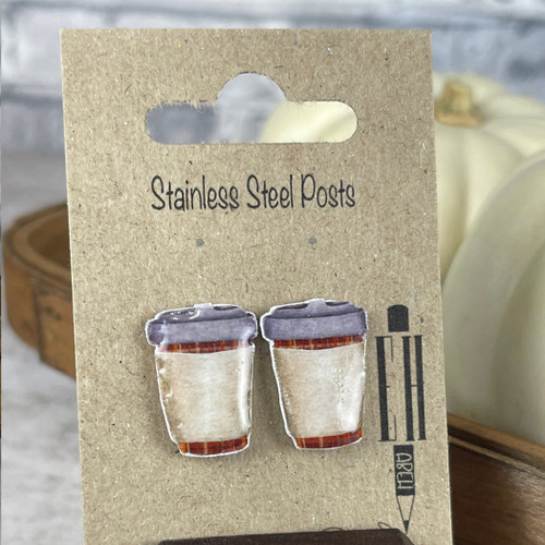 Dark Plaid To-Go Coffee Cup Shrink Plastic Stainless Steel Stud Earrings