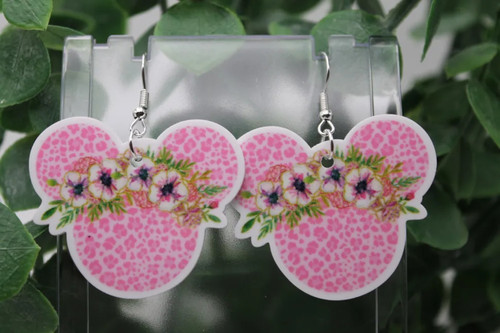 Pink Leopard Floral Crown Mouse || Dangle Earrings || Hypoallergenic