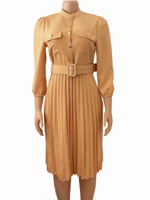 SOLID BUTTON PLEATED SHIRT DRESS WITH BELT