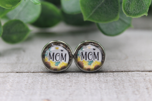 Mom Sunflower Circle  Glass Stud Earrings