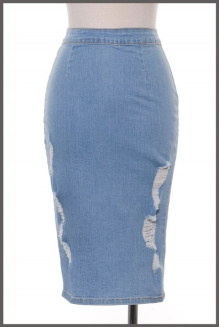 Ripped Denim Midi Skirt