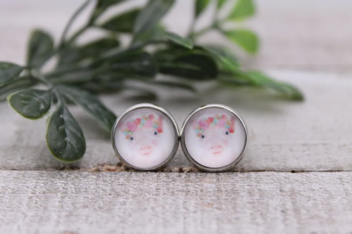 Floral Crown Pigs || 12mm Glass Stud Earrings 