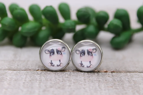 Cute Floral Cow || Glass Stud Earrings || Hypoallergenic