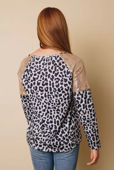 Sequin Shoulder Splicing Print Long Sleeve Top