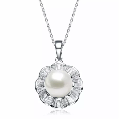 Collette Z Sterling Silver Cubic Zirconia Pearl Flower Necklace