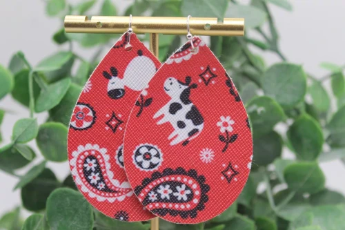 Animals on Red Bandana Teardrop Faux Leather Earrings | Hypoallergenic