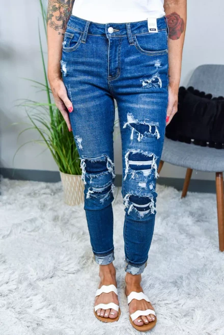 Bright Outfit Blue Patched Destroyed Skinny Jeans