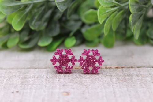 Pink Glitter Snowflake || Stud Earrings
