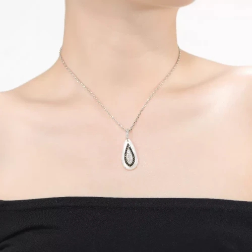 Collette Z Sterling Silver with Rhodium Plated Black and Clear Round Cubic Zirconia Pear Drop Necklace