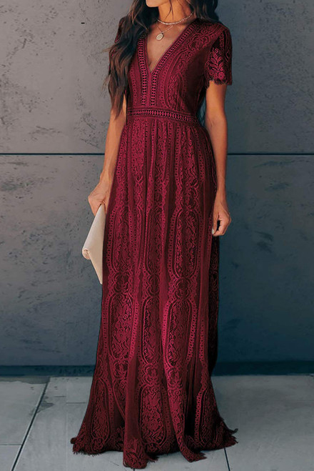 Soft Deep V Neck Short Sleeve Lace Dress