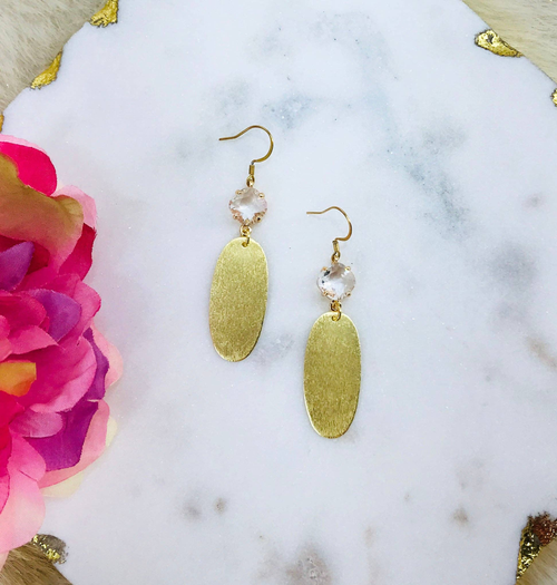 Rhinestone & Gold Oval Pendant Earrings 