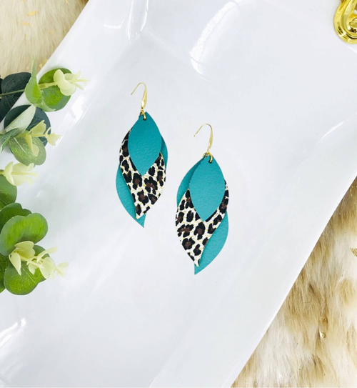 Aqua and Leopard Leather Earrings 