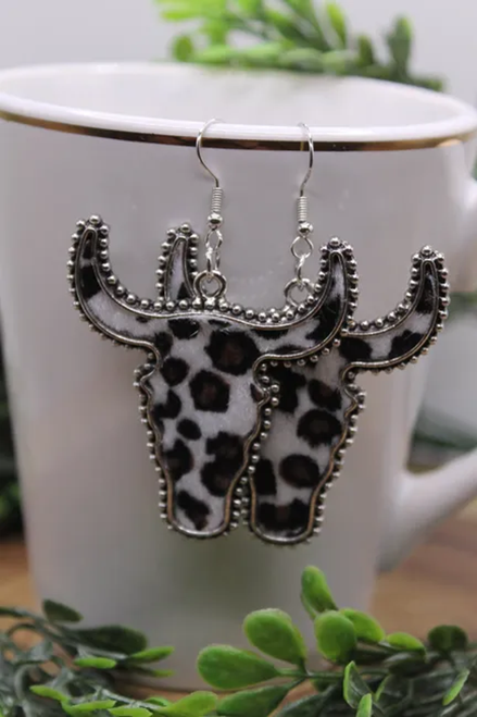 White Leopard Faux Fur Steer Skull || Dangle Earrings || Hypoallergenic