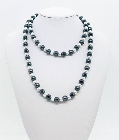 32" Gunmetal Glass Pearl Beaded Necklace