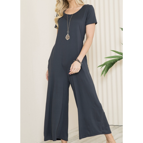 Solid Short Sleeve V Neck Jumpsuit with Low Back