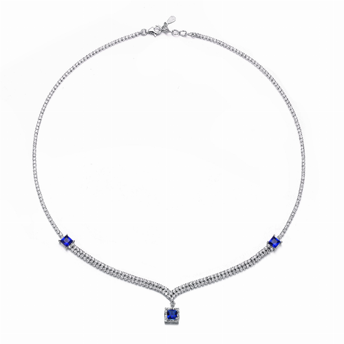 Collette Z Sterling Silver Blue Cubic Zirconia Three Square Necklace