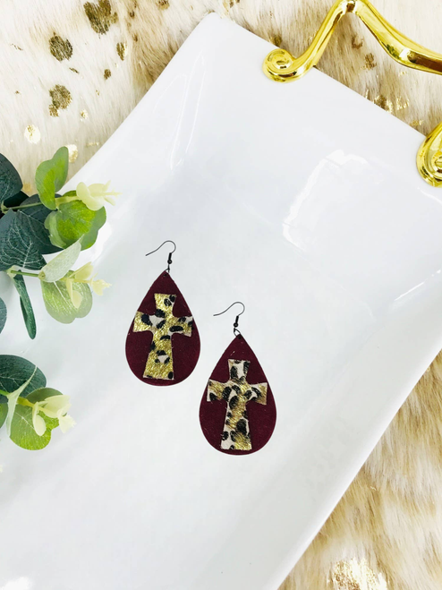 Maroon Suede & Hair On Cross Leather Earrings 