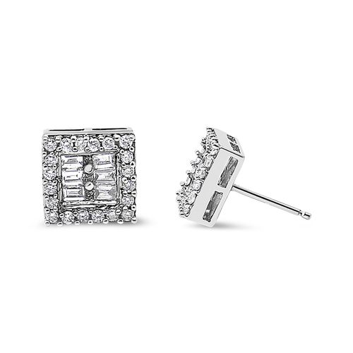 14 Karat White Gold 1 Carat Total Diamond Weight Round and Baguette Diamond Stud Earrings