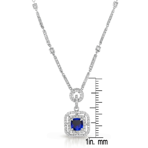 Collette Z Sterling Silver Blue and White Cubic Zirconia Square Drop Necklace