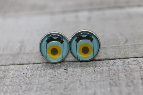 Sunflower Mason Jar  Glass Stud Earrings