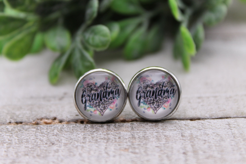 Grandma on Leopard Heart || 12mm Glass Stud Earrings