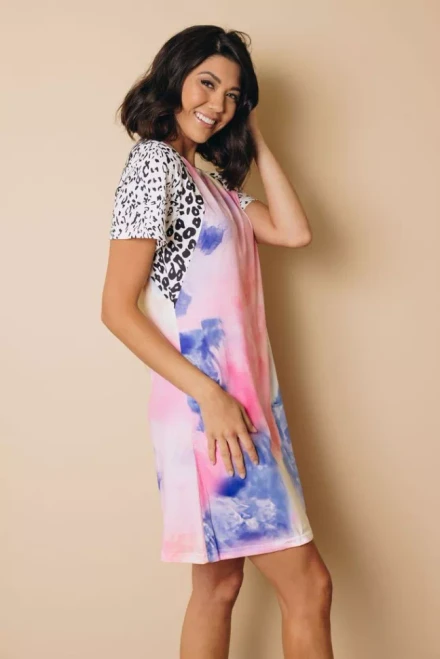 Tie Dye Leopard Splicing O-Neck Mini Dress
