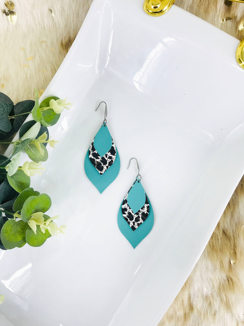 Aqua and Leopard Layered Leather Dangle Earrings