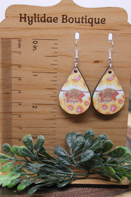 Highland Cow & Sunflowers Fade || Mini Teardrop Dangle Earrings