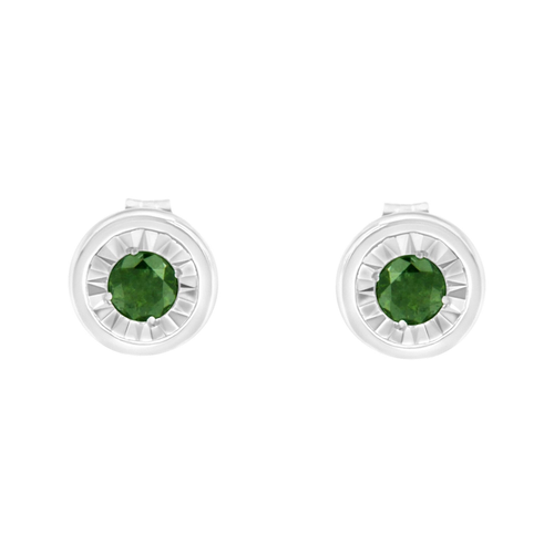 .925 Sterling Silver 1/4 Cttw Round Brilliant-Cut Green Diamond Miracle-Set Stud Earrings (Fancy Color-Enhanced, I1-I2 Clarity)