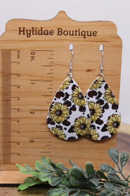 Sunflowers on Cow Teardrop || Faux Leather Dangle Earrings || Hypoallergenic