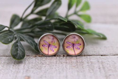 Purple Dragonflies || 12mm Glass Stud Earrings 
