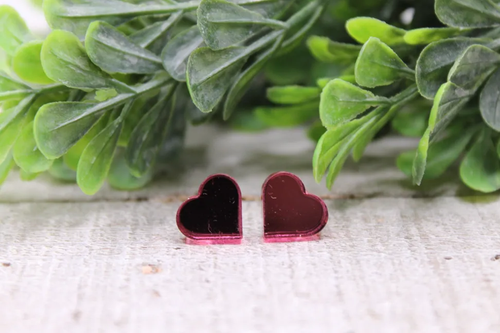 Dark Pink Mirrored Heart Stud Earrings