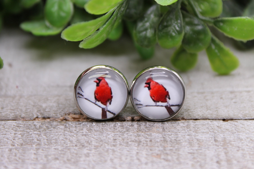 Cardinal on a Branch || 12mm Glass Stud Earrings