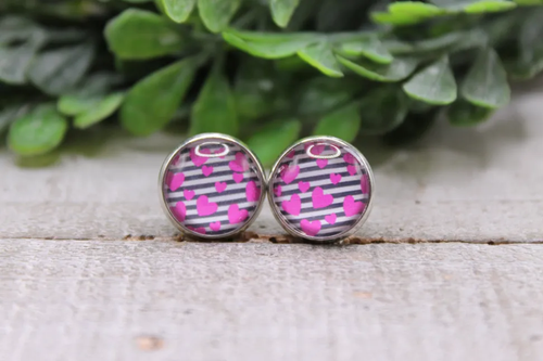 Pink Hearts on Stripes || Stud Earrings