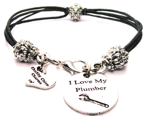 I Love My Plumber Pewter Beaded Black Cord Bracelet