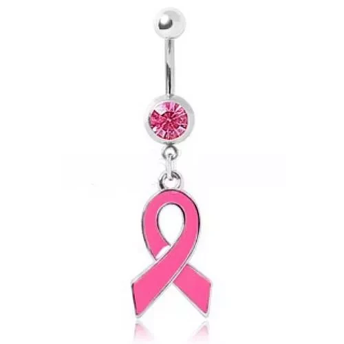 316L Gemmed Navel Ring with Enameled Pink Awareness Ribbon Dangle