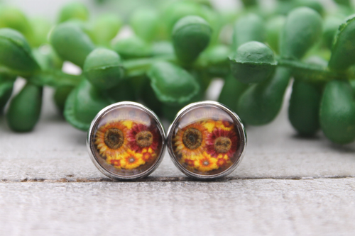 Fall Sunflowers || Glass Stud Earrings || Hypoallergenic