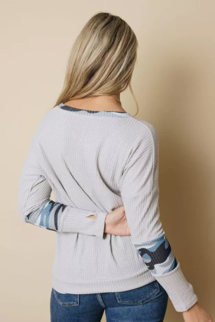 Splicing Waffle Knit Long Sleeve Top Thumb Hole