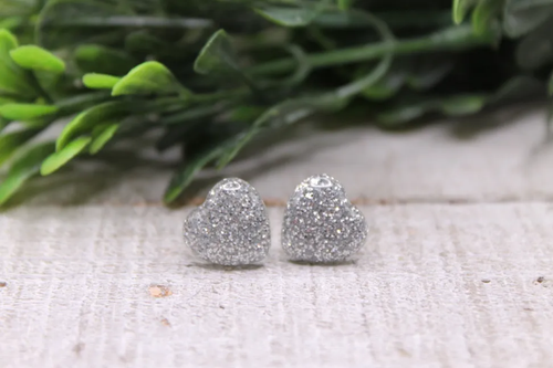 Silver Glitter Heart Stud Earrings