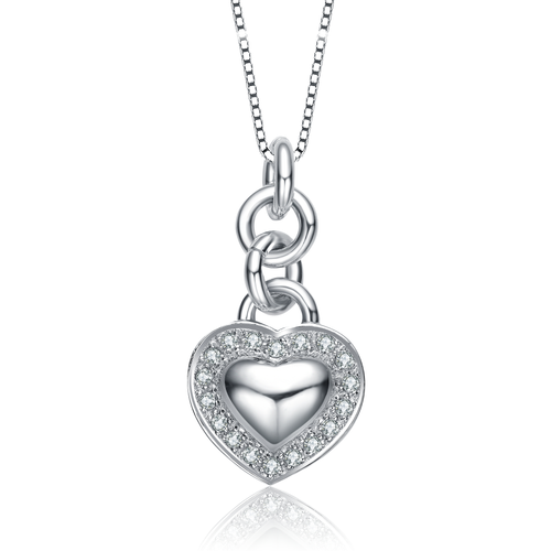 Collette Z Sterling Silver with Rhodium Plated Clear Round Cubic Zirconia Two Hearts Drop Necklace