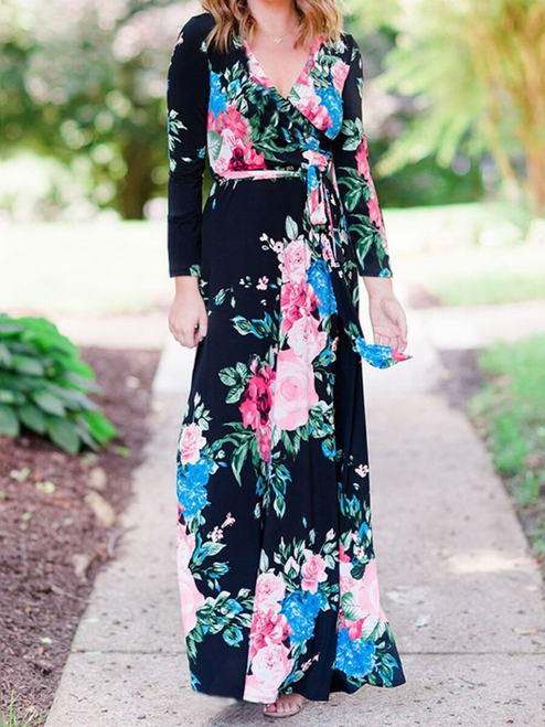 SURPLICE NECK BELTED FLORAL MAXI DRESS