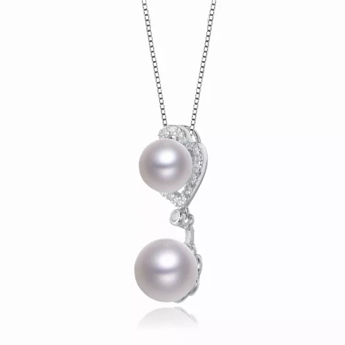 Collette Z Sterling Silver Cubic Zirconia Drop Double Pearl Necklace