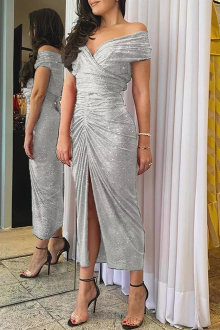 Glitter Off Shoulder Slit Party Dress