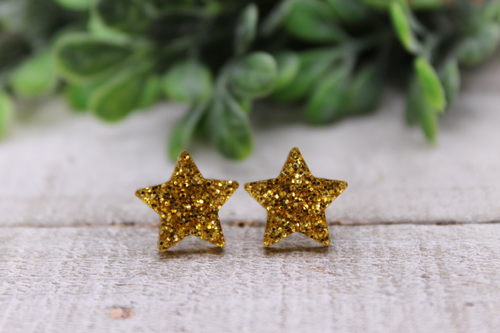 Gold Glitter Stars || 12mm Stud Earrings