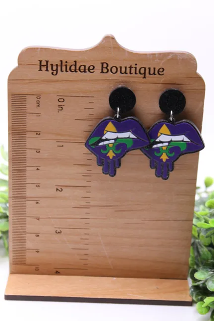 Mardi Gras Lips || Dangle Earrings