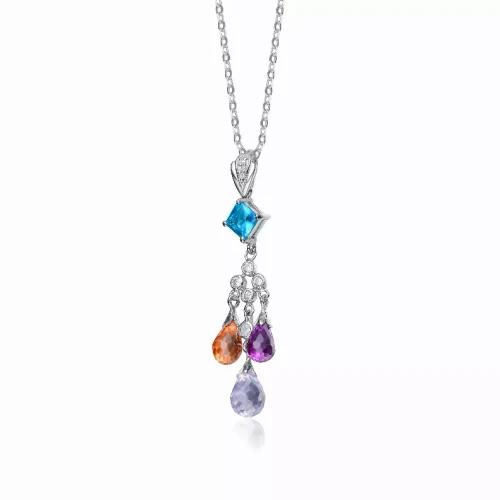 Collette Z Sterling Silver Cubic Zirconia and Blue Orange and Purple Cubic Zirconia Dangling Pendant Necklace