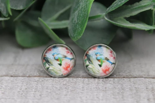 Floral Blue Bird  Glass Stud Earrings