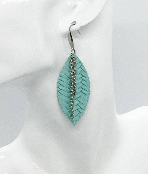 Teal Genuine Leather and Chain Earrings 