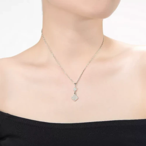 Collette Z Sterling Silver with Rhodium Plated Clear Round Cubic Zirconia Cluster Square Drop Necklace
